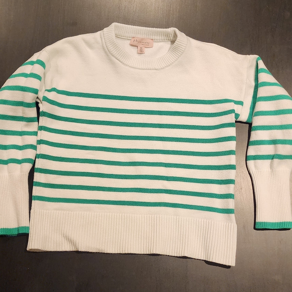Philosophy White and Green Crew Neck Sweater with Nautical Stripes